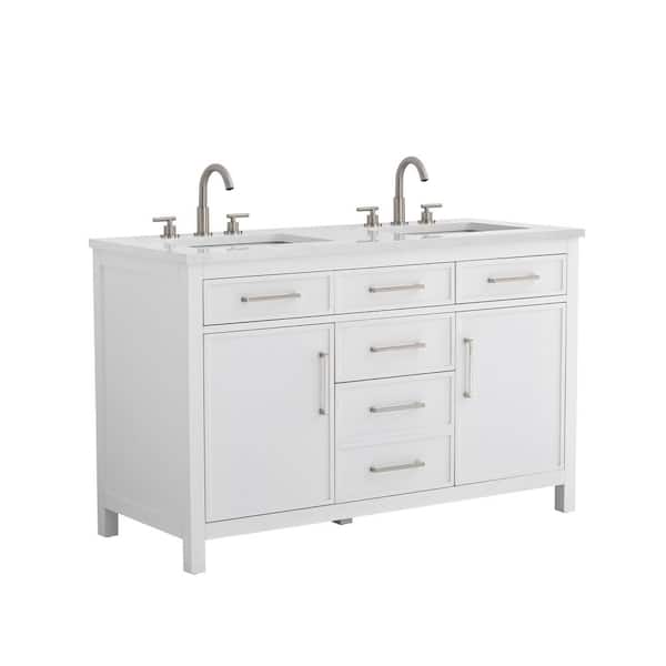 Cooper 54 in. W Bath Vanity in White with Engineered Stone Top in Ariston White with White Sinks