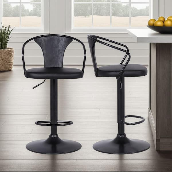 Armen Living Eagle Contemporary 32 in. Black Brushed Wood Back Adjustable Bar Stool with Black Faux Leather