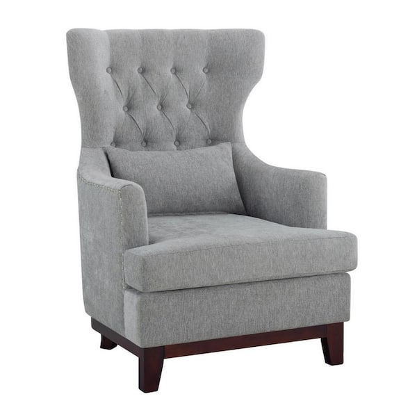 Benjara Gray and Brown Polyester Armchair with 1 Lumbar Pillow