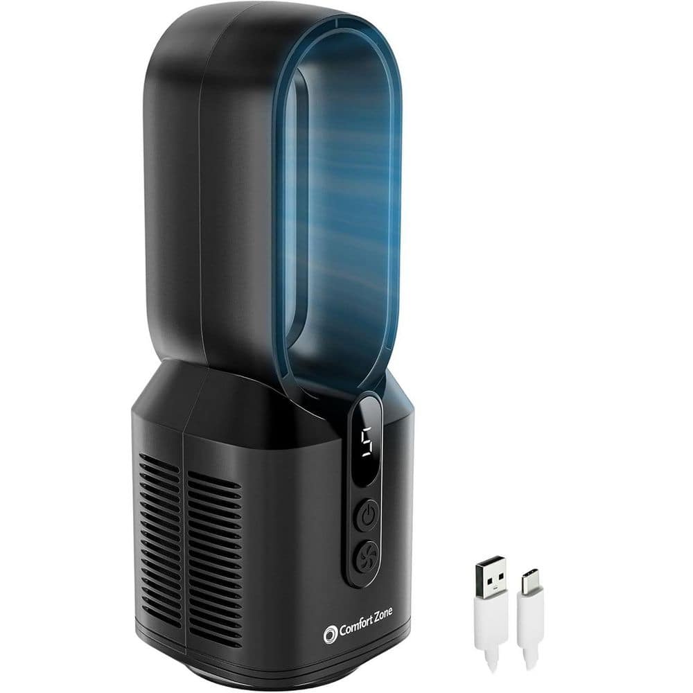 Comfort Zone 14  Rechargeable Bladeless Tabletop Fan  Black