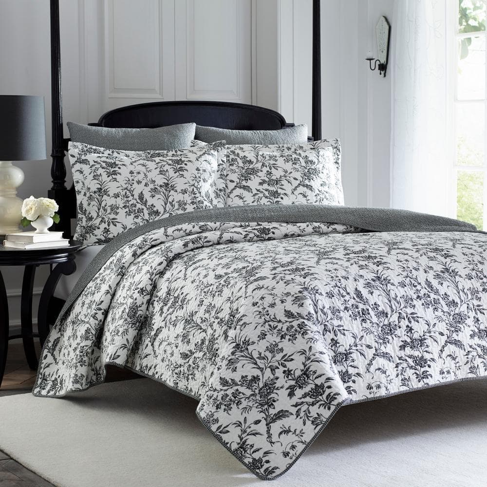 LAURA ASHLEY キルトカバー 130×190cm Laura Ashley Amberley 3-Piece Black and White Floral Cotton Full