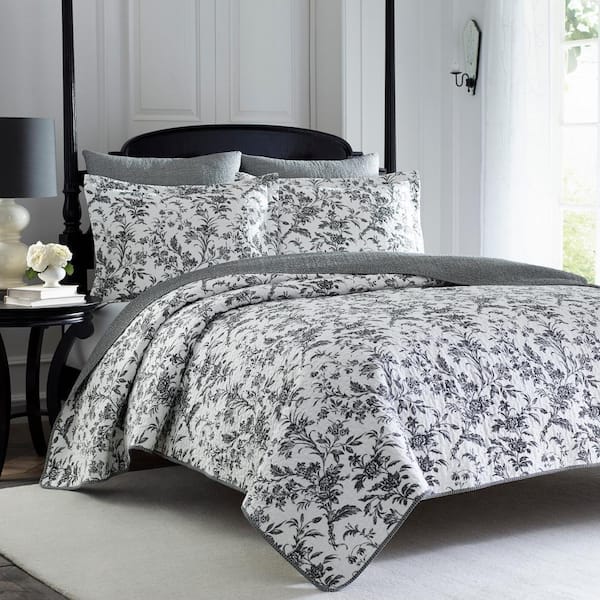 Amberley 3-Piece Black and White Floral Cotton King Quilt Set