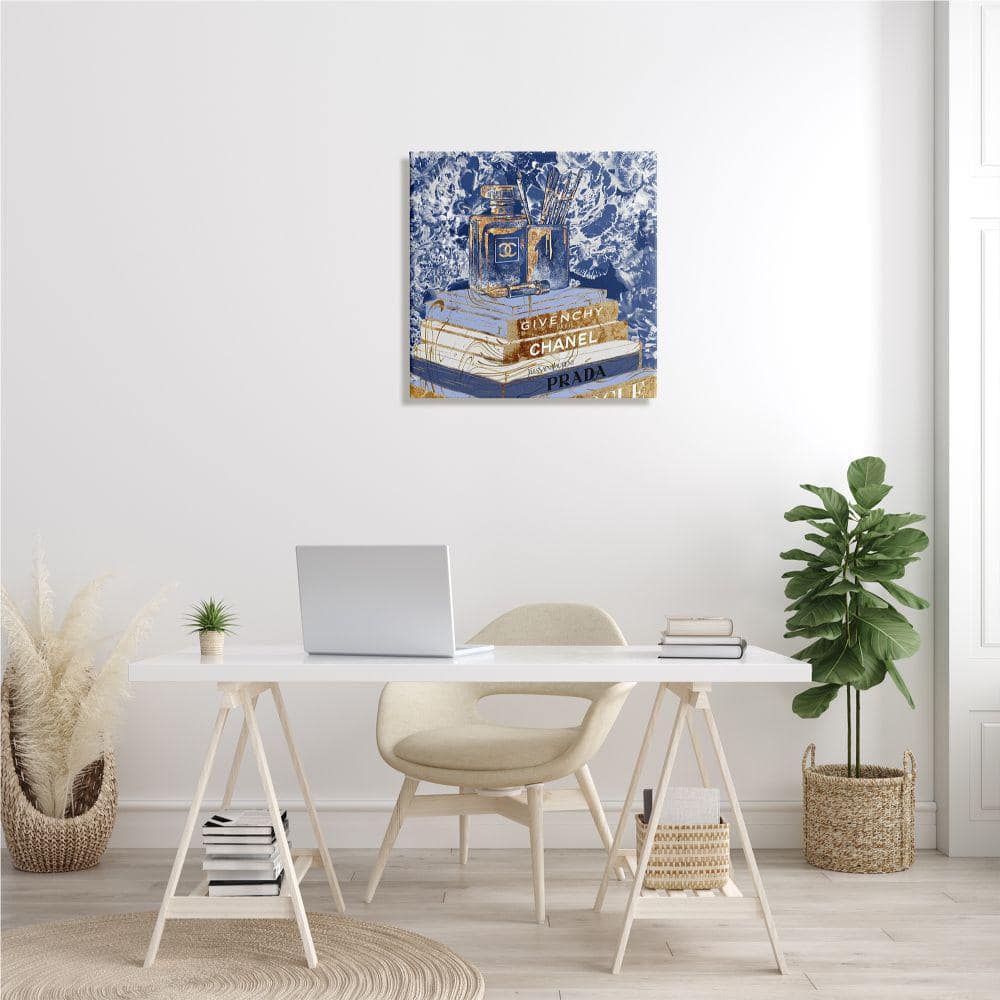 Blue and Gold Fashion Book Pile Canvas Wall Art, 24" x 24"
