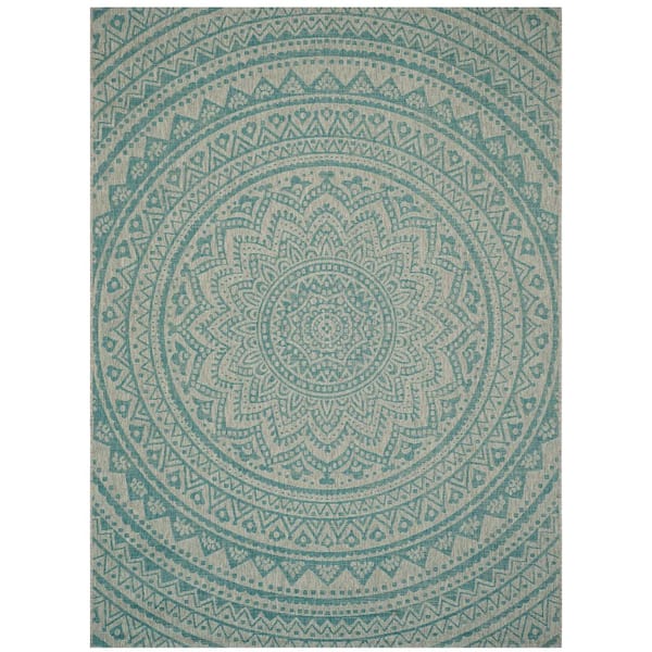 SAFAVIEH Courtyard Light Gray/Aqua 8 ft. x 11 ft. Border Indoor/Outdoor Patio  Area Rug