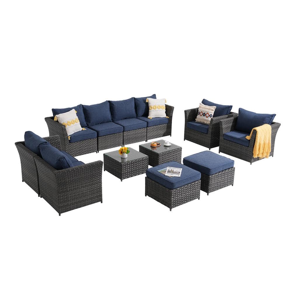 12-Piece No Assembly Wicker Outdoor Conversation Sectional Set with 2-Coffe