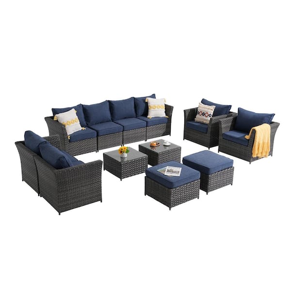 Freestyle 12-Piece No Assembly Wicker Outdoor Conversation Sectional Set with 2-Coffee Tables and Ottomans, Blue Cushions