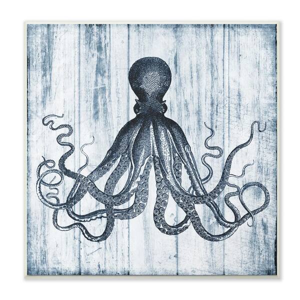 The Stupell Home Decor Collection 12 In X Blue Distressed Octopus Ocean Animal Ilration By Piddix Printed Wood Wall Art Cwp 297 Wd 12x12 - Octopus Home Decor
