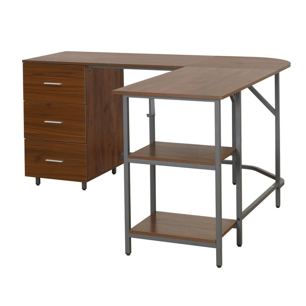 Rustic Walnut Wood Corner Gaming Desk with Drawer Storage
