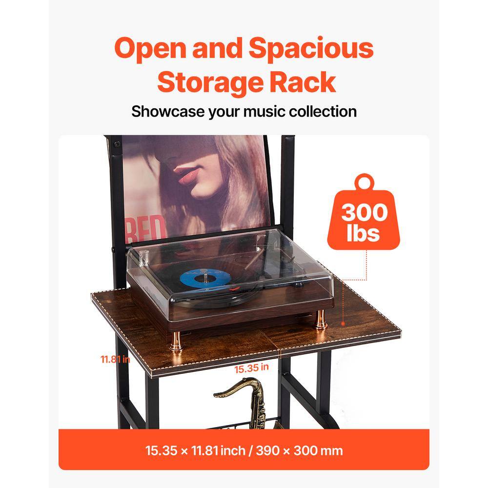Black Steel and Wood Record Player Stand with USB Ports