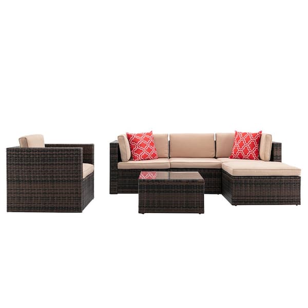 HOMEFUN 6-Piece Brown Wicker Outdoor Sectional Sofa Set with Beige Cushions Ottoman and Coffee Table