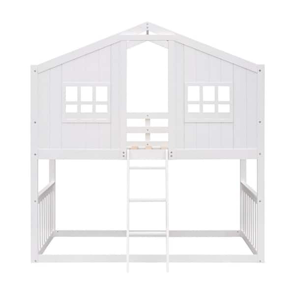 STICKON White Twin Over Twin Size Wood House Bunk Bed With Ladder