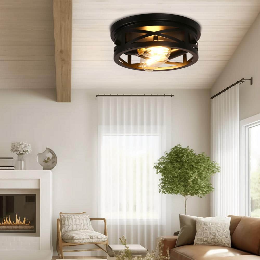 Black Metal Cage Drum Flush Mount Ceiling Light, 2-Pack