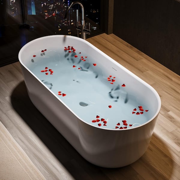 LORDEAR 67 in. Acrylic Flatbottom Freestanding Bathtub in White with Overflow and Drain Rectangular Soaking Bathtub