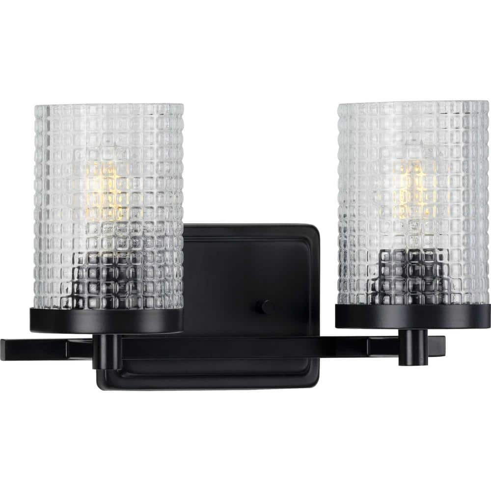 Matte Black Two-Light Bath Vanity with Clear Patterned Glass