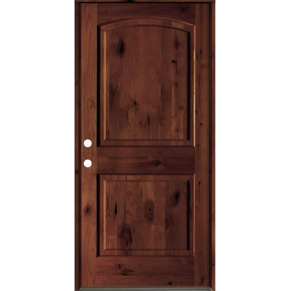 30 in. x 80 in. Rustic Knotty Alder 2-Panel Arch Top Right-Hand/Inswing BEHR Red Mahogany Stain Wood Prehung Front Door price history on PriceWatchPro