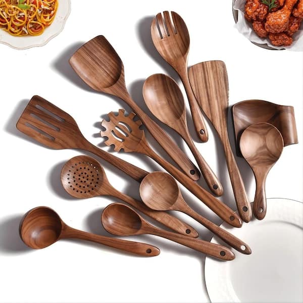 13-Piece Acacia Wood Kitchen Utensil Set with Holder and Spoon Rest, Wooden Cooking Tools for Nonstick Cookware