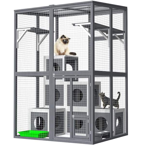 Outdoor Catio, Large Wooden Cat Cage Playpen, Walk-in Cat Kennel Condo Shelter (Grey)