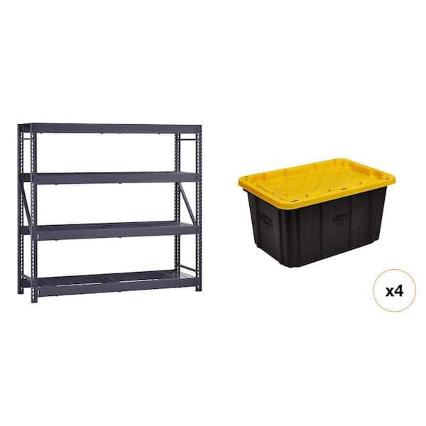 77 in. W 4-Shelf Black Metal Shelving Unit, 27 Gal. Black and Yellow Storage Tote (4-Count) Combo