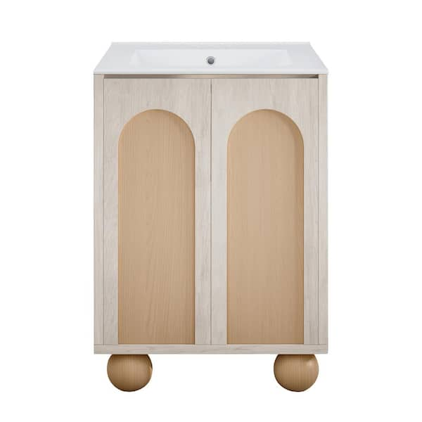 Plaisir II 24 in. Freestanding Bathroom Vanity in White Oak with White Ceramic 3-Hole Center Set Sink Top