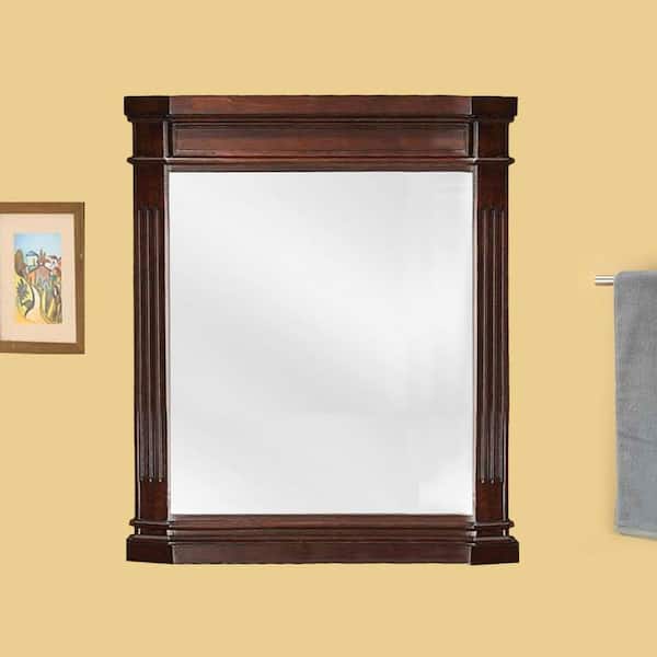 26 in. W x 30 in. H Rectangular Wood Framed Wall Bathroom Vanity Mirror in Cherry