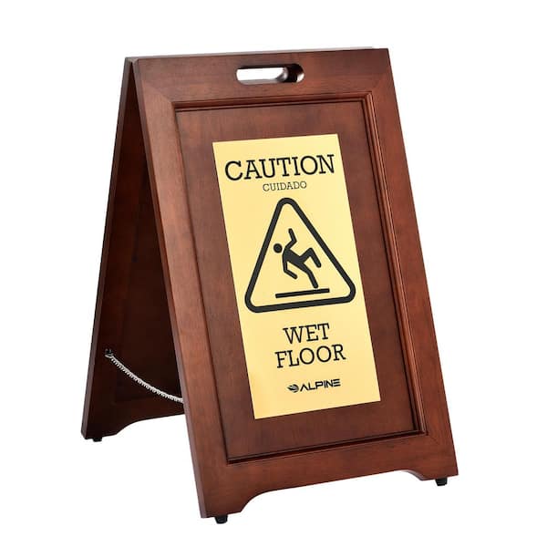 Alpine Industries 24 in. 2-Sided Brass Plated Wooden Bilingual Wet Floor Sign
