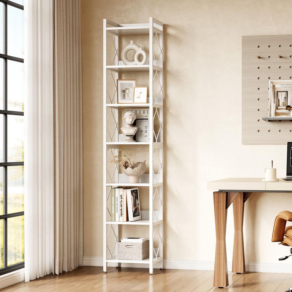 BYBLIGHT 79 in. Tall Narrow Modern White Wood 7-Shelf