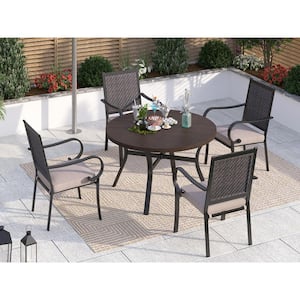 Black 5-Piece Metal Patio Outdoor Dining Set with Wood-Look Round Table and Rattan Arm Chairs with Beige Cushion
