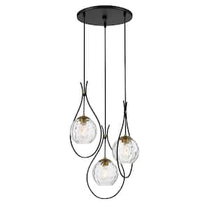 Cody 3-Light Black and Soft Brass Pan Pendant Light with Clear Water Glass Shades