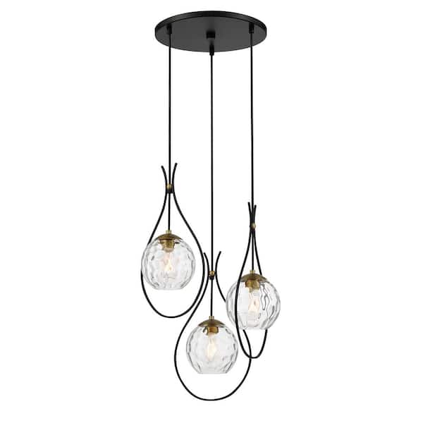 Minka Lavery Cody 3-Light Black and Soft Brass Pan Pendant Light with Clear Water Glass Shades