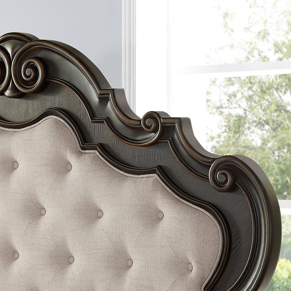 Traditional King Brown Wood Upholstered Tufted Bed