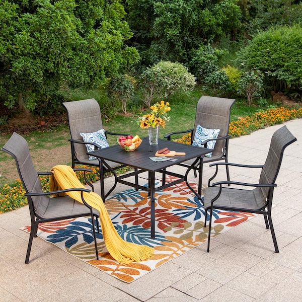 PHI VILLA Black 5-Piece Metal Slat Square Table Patio Outdoor Dining Set with Padded Textilene Chairs