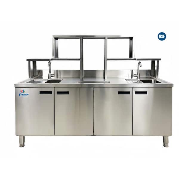 Cooler Depot 72in NSF Commercial Refrigerator Prep Table Kitchen Bubble Tea WorkStation with 2 Faucets in Stainless Steel