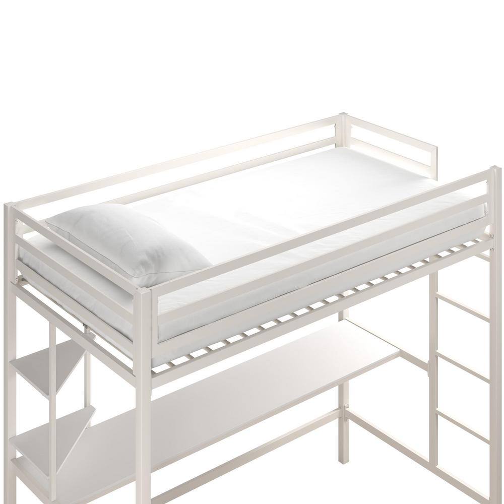 Off-White Twin Metal Loft Bed with Desk and Shelves