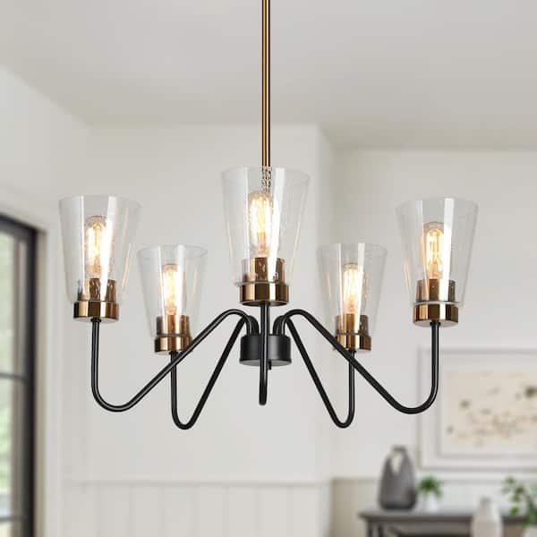 5-Light Black Island Chandelier Lighting, Seeded Glass Brass Gold Pendant Light, Modern Farmhouse Light Fixture