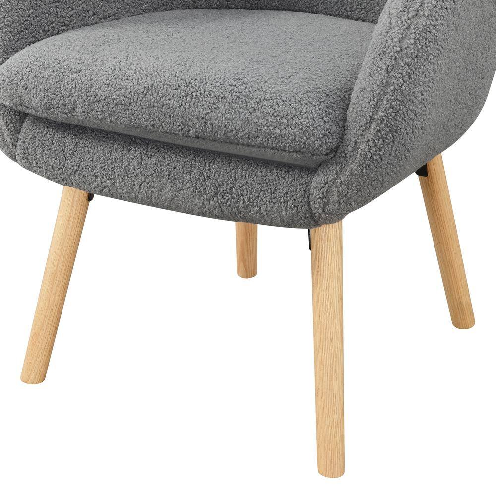 Gray Sherpa Wood Accent Chair with Detachable Cushion