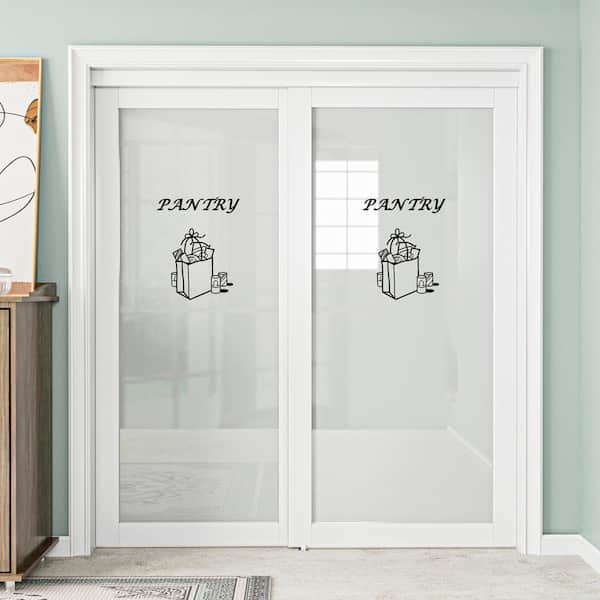 72 in. x 80 in. 1-Lite Tempered Frosted Glass White Finished Solid Core Sliding Door with Pantry Sticker and Hardware