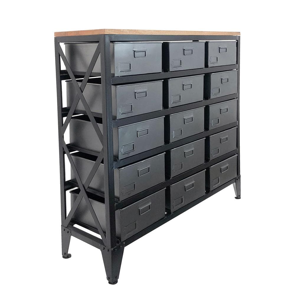 Gray Metal and Mango Wood Office Storage Cabinet with Bins