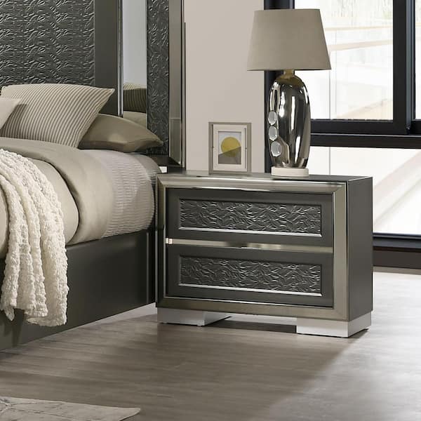 Jena Dark Gray 2-Drawer 29.5 in. W Nightstand with Bracketed Feet and Leaf Pattern Moulding