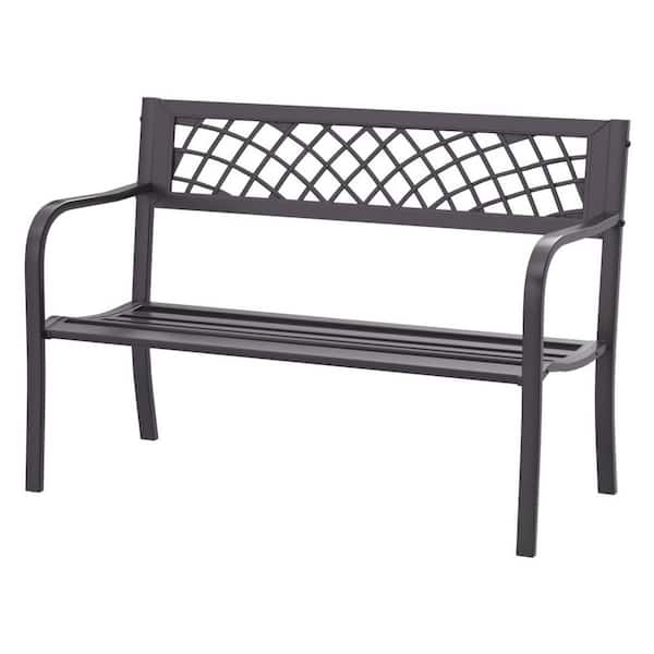 Unbranded 45.5 in. Black Metal Frame Outdoor Bench with Backrest Armrests