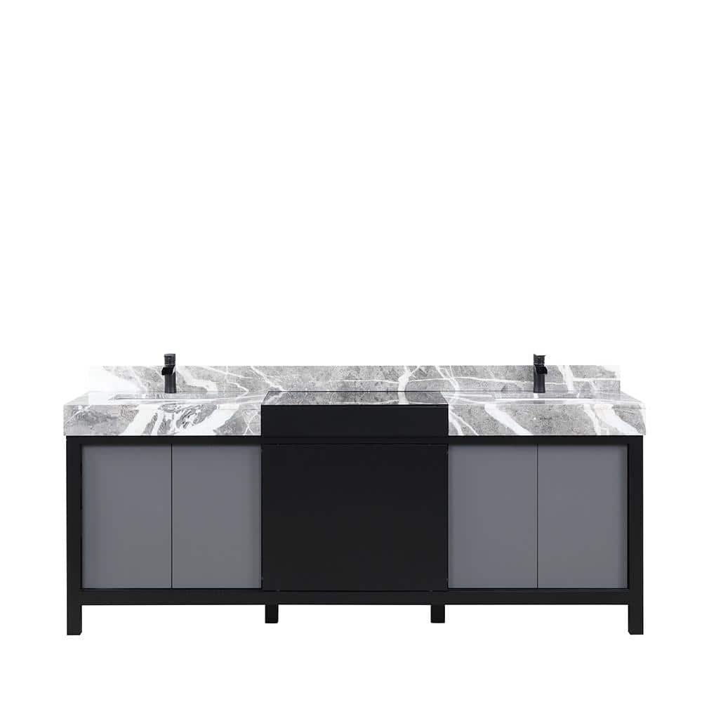 Zilara 84" Double Vanity with Castle Gray Marble Top and Black Faucet