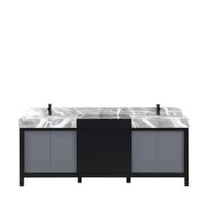 Zilara 84 in W x 22 in D Black and Grey Double Bath Vanity, Castle Grey Marble Top and Matte Black Faucet Set