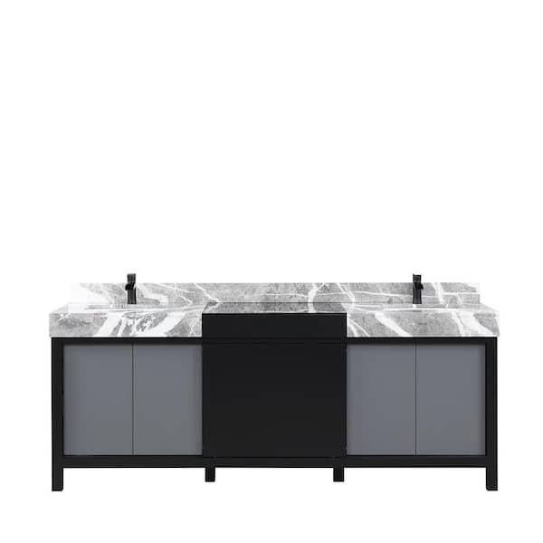 Zilara 84 in W x 22 in D Black and Grey Double Bath Vanity, Castle Grey Marble Top and Matte Black Faucet Set