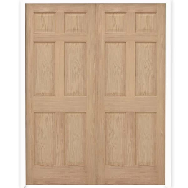Steves & Sons 60 in. x 80 in. Universal 6-Panel Solid Unfinished Red Oak Wood Double Prehung Interior French Door with Nickel Hinges