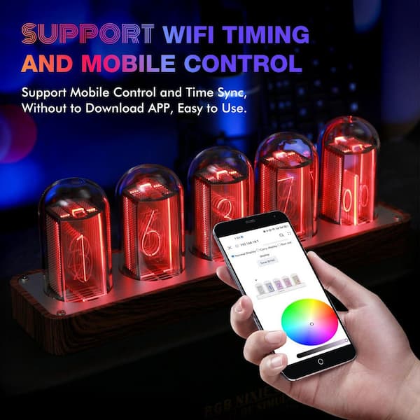 BIBIVIS Wood Grain Nixie Tube Clock with Wi-Fi SYNC, No Assembly