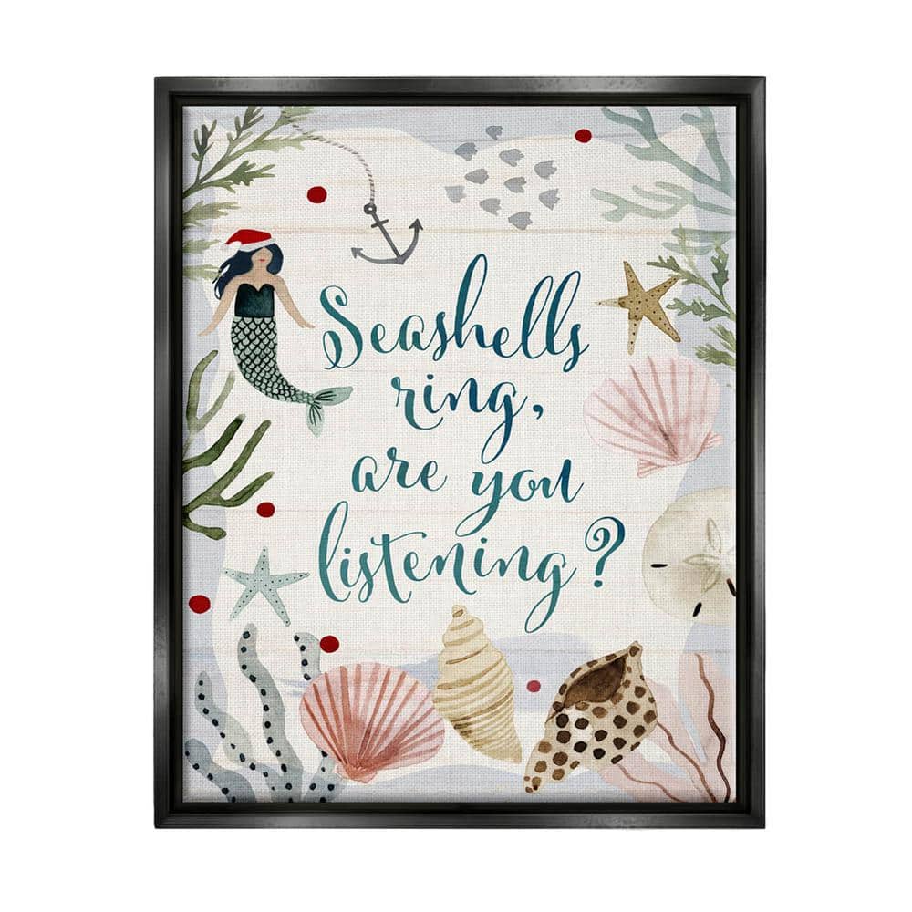 The Stupell Home Decor Collection Seashell Ring, You Listening Phrase Christmas by Victoria Barnes Floater Frame Typography Wall Art Print 21 in. x 17 in., Beige -  ac393_ffb_16x20