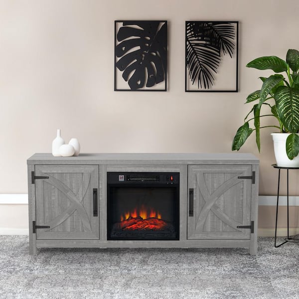 Farmhouse 58 in. Freestanding Media Console Electric Fireplace TV Stand in Light Gray