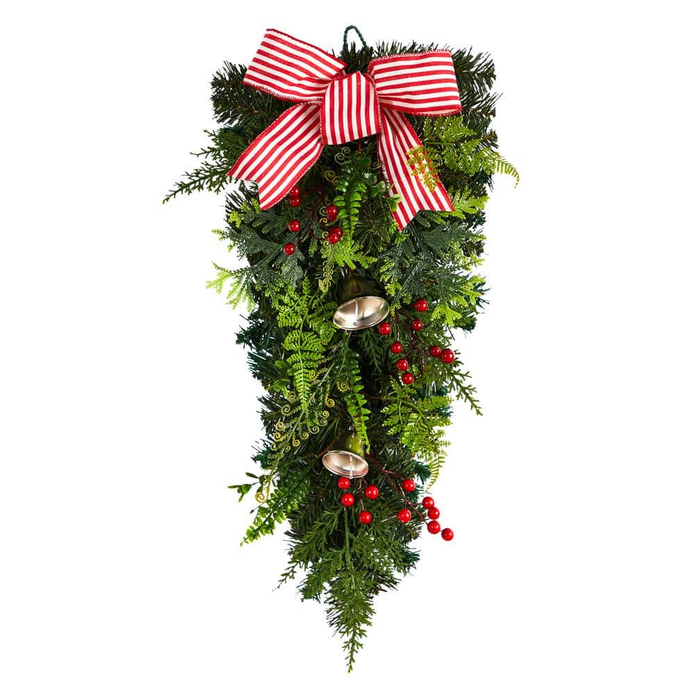 Nearly Natural 26 in. Unlit Artificial Holiday Christmas Bells and Bow  Artificial Swag W1266 - The Home Depot