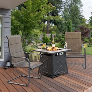 3-Piece Metal Patio Fire Pit Set Conversation Set with Padded Chairs and 40,000 BTU Square Fire Pit Table in Brown