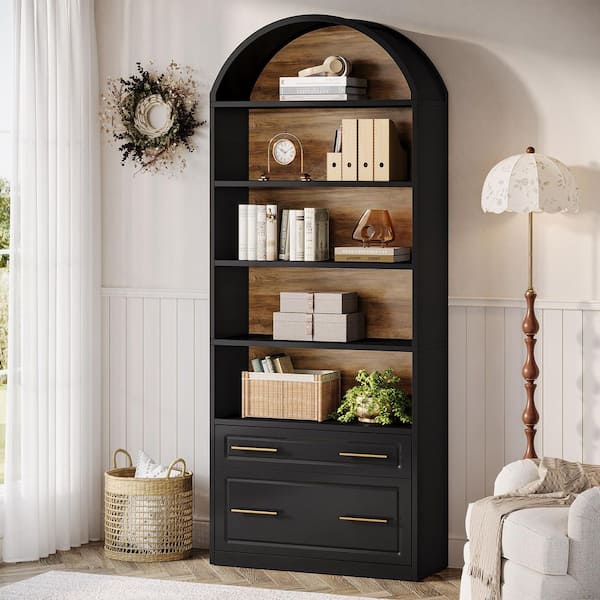 Eulas 77 in.Tall Black Engineered Wood 5-Shelf Standard Bookcase with File Cabinet Drawer,Open Display Storage Bookshelf