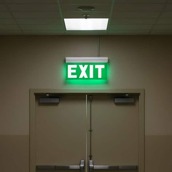 Modern 3W Green LED Edge Lit Exit Sign, Clear Acrylic and Aluminum Emergency Light for Offices, Hotels, and Stores